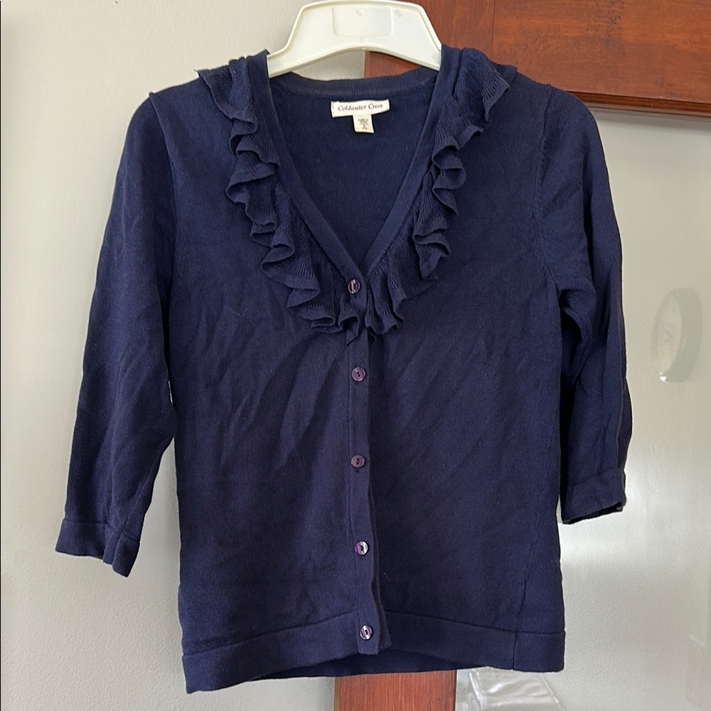 Coldwater Creek Deep Blue Ruffle Cardigan